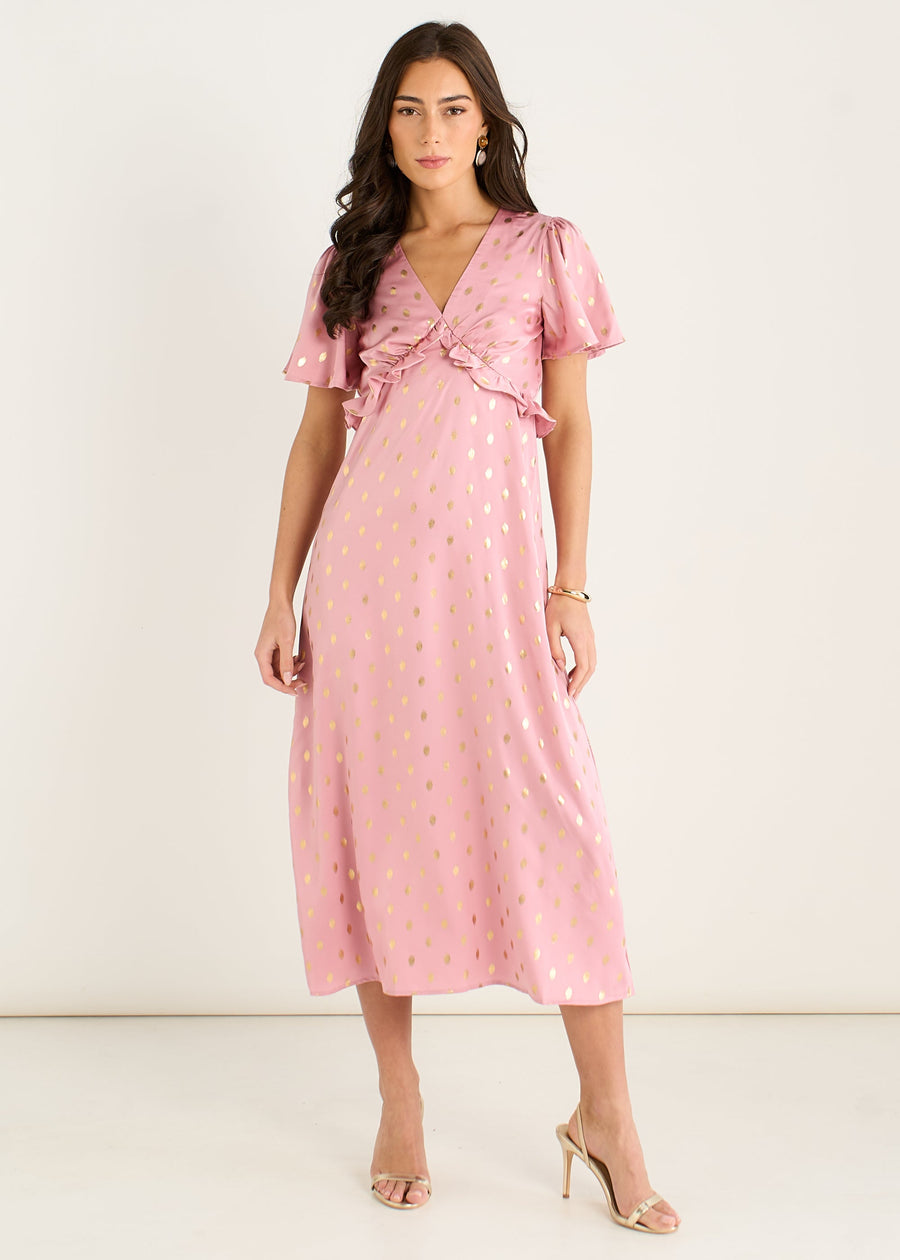 Blush Metallic Foil V Neck Midi Dress