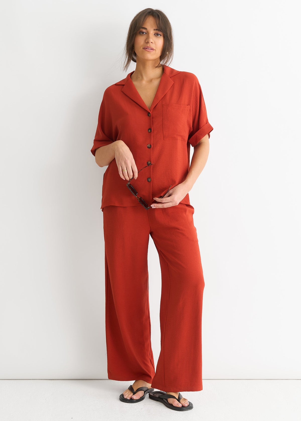 Rust Elastic Waist Wide Leg Trousers