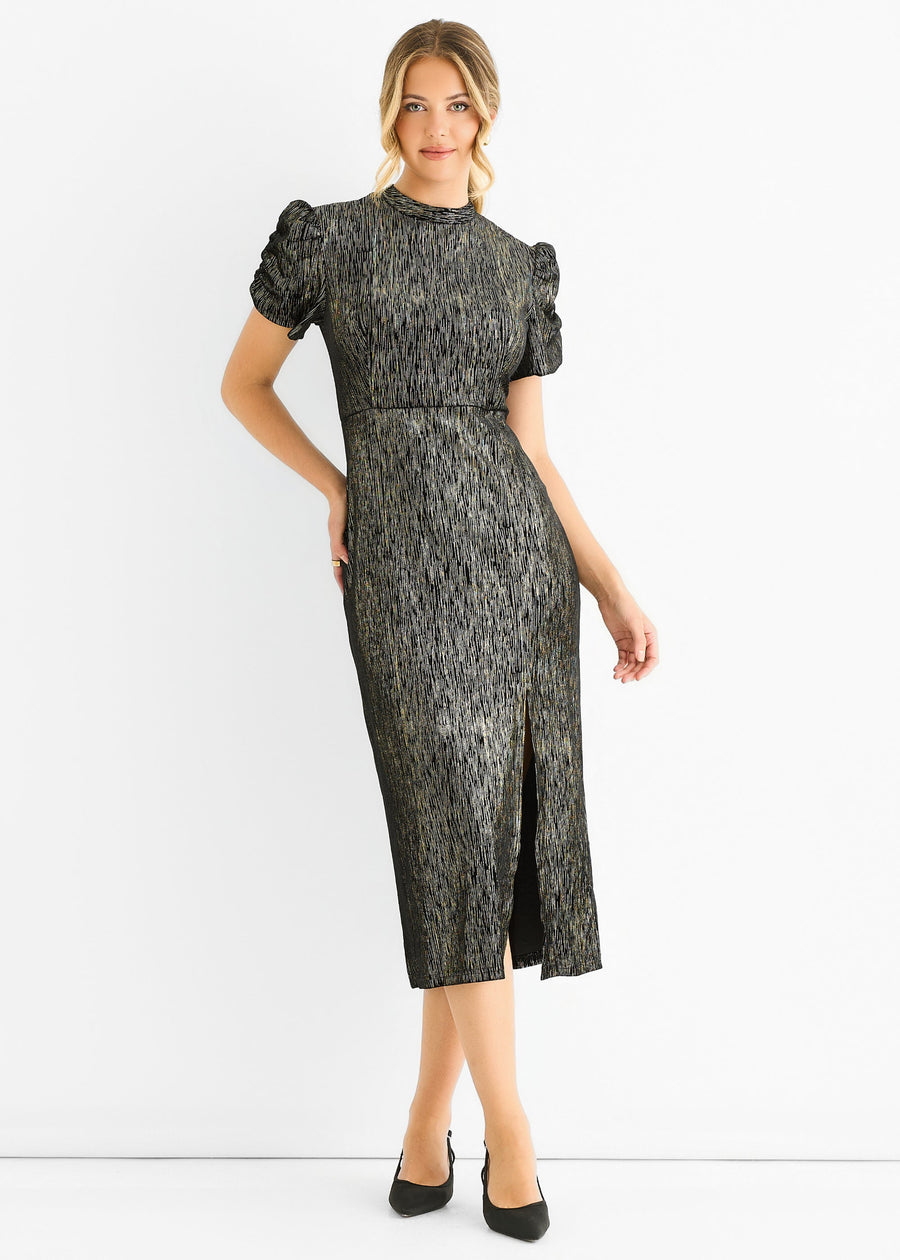 Black Foil Velour Midi Dress - UK 10 / US 6 / EU 38