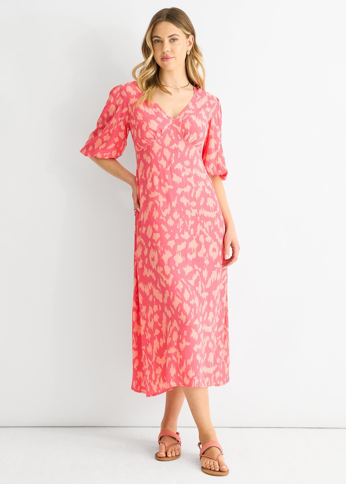 Pink Animal Print Viscose Midi Dress