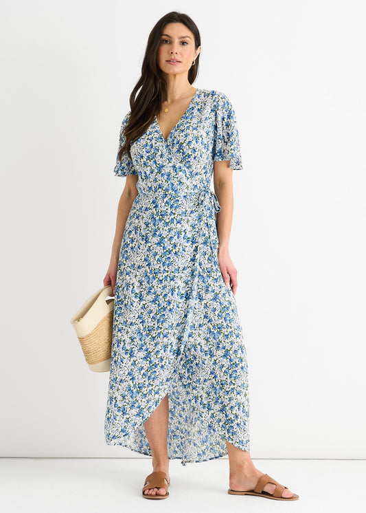 Blue Floral Wrap Midi Dress