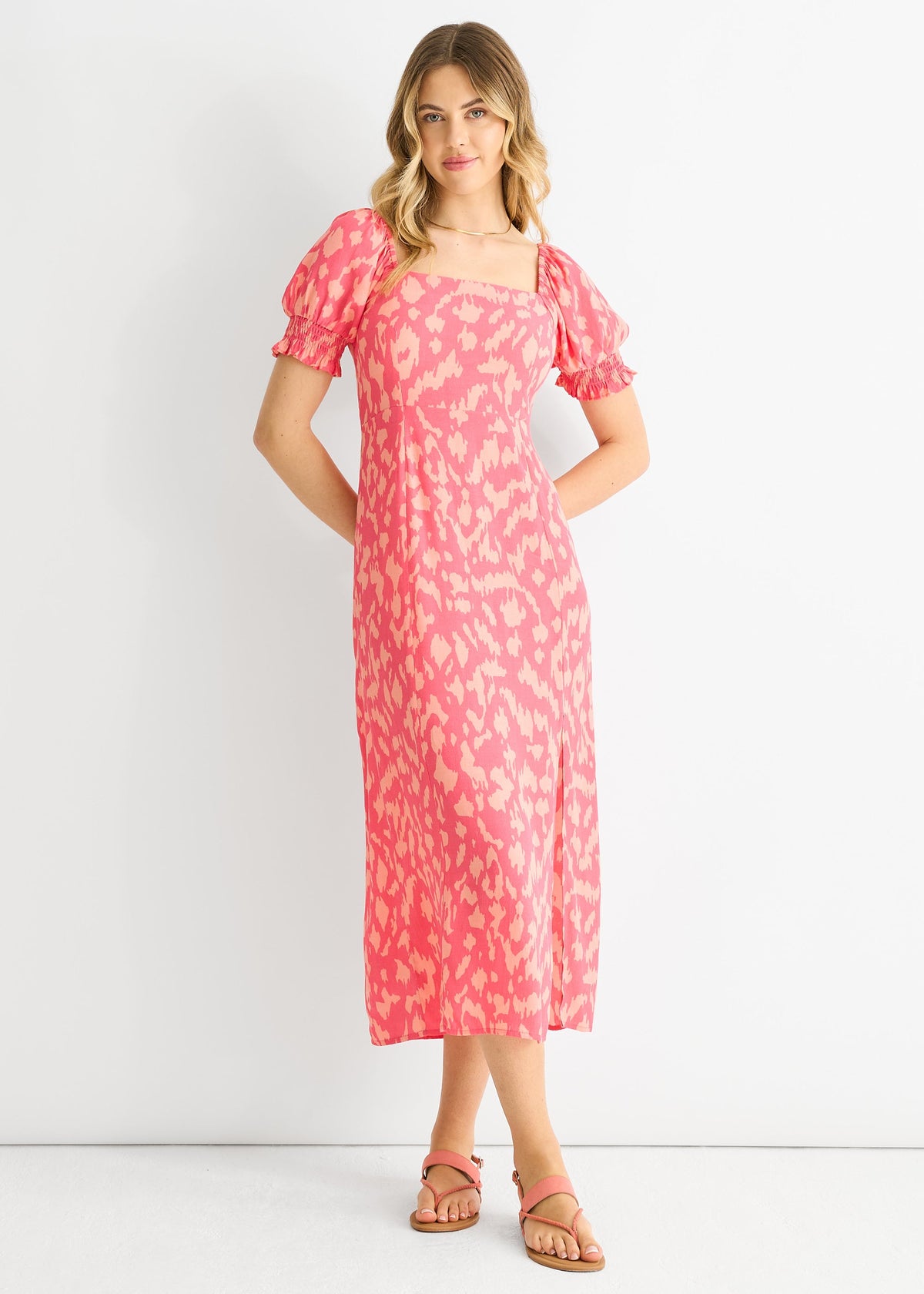 Pink Animal Print Square Neck Viscose Midi Dress - Pink / UK 8 / US 4 / EU 36 / 100% Viscose