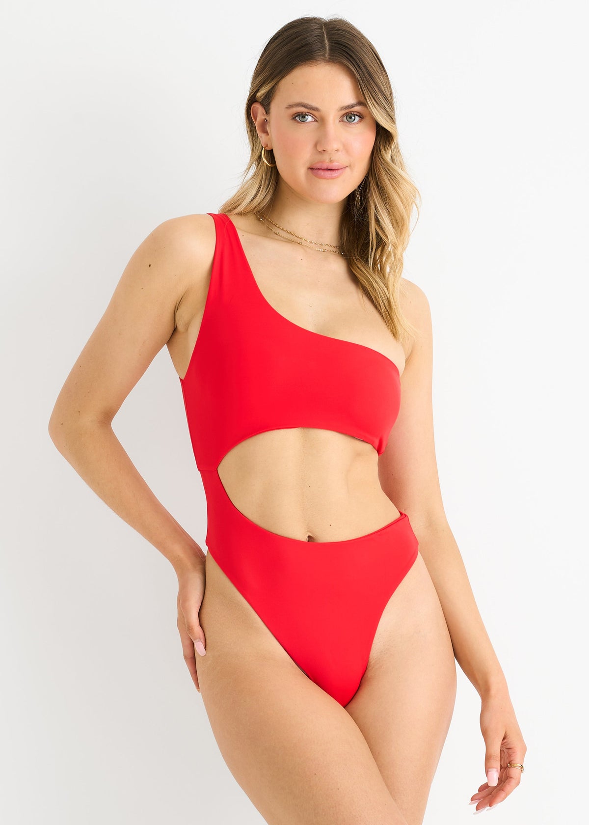Red One Shoulder Cutout Swimsuit - Red / UK 4 / US 1 / EU 32 / 84% Polyamide & 16% Elastane