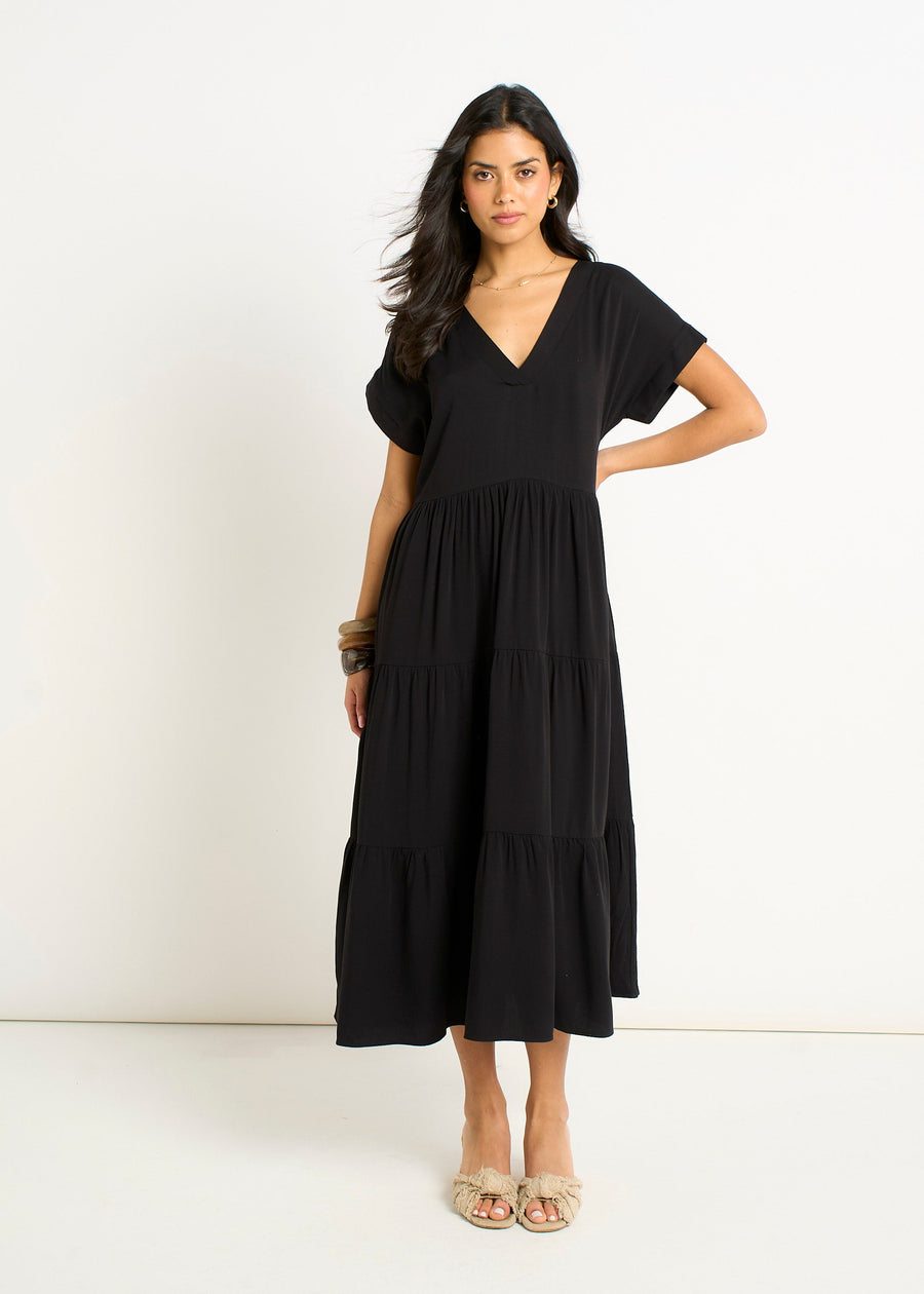 Black V Neck Pocket Smock Midi Dress