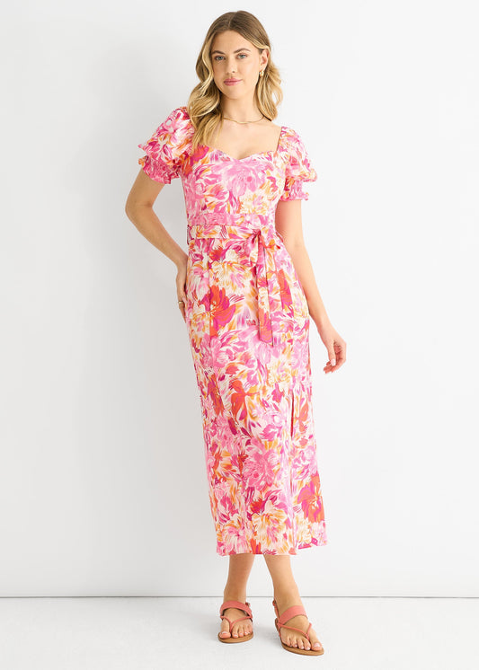 Pink Floral Puff Sleeves Belted Midi Dress - UK 8 / US 4 / EU 36