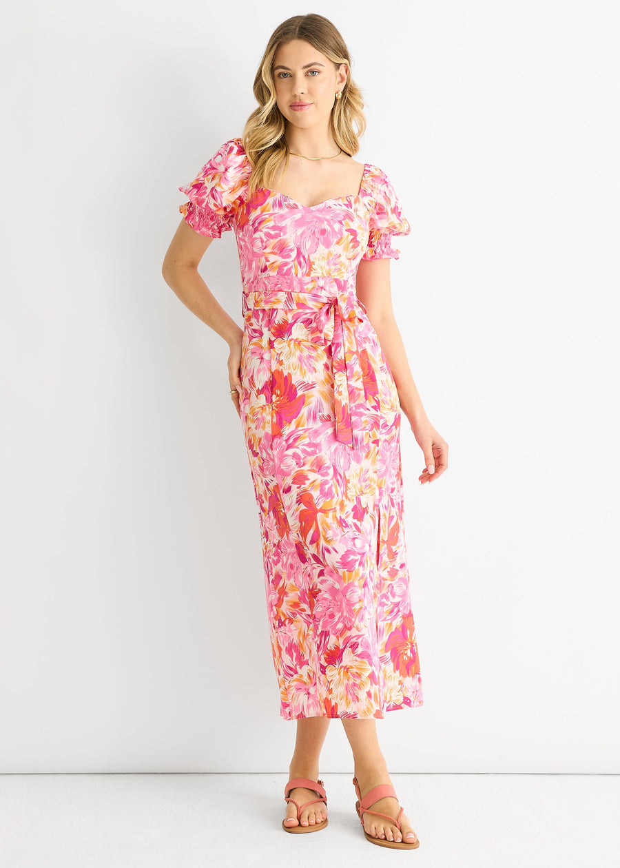 Pink Floral Puff Sleeves Belted Midi Dress - UK 8 / US 4 / EU 36