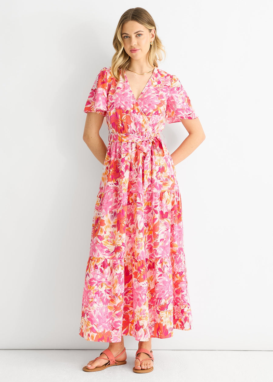 Pink Floral Wrap Belted Midi Dress - UK 8 / US 4 / EU 36