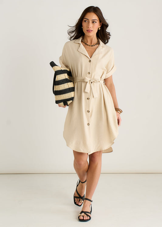 Beige Utility Belted Oversized Viscose Shirt Dress