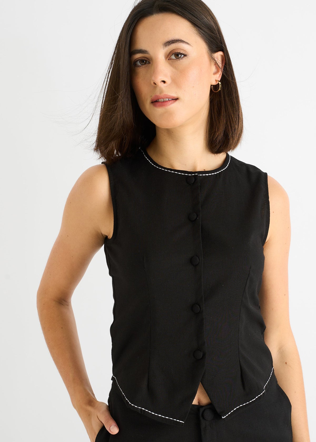 Black Cotton Contrast Stitch Detail Waistcoat - UK 8 / US 4 / EU 36 / Black