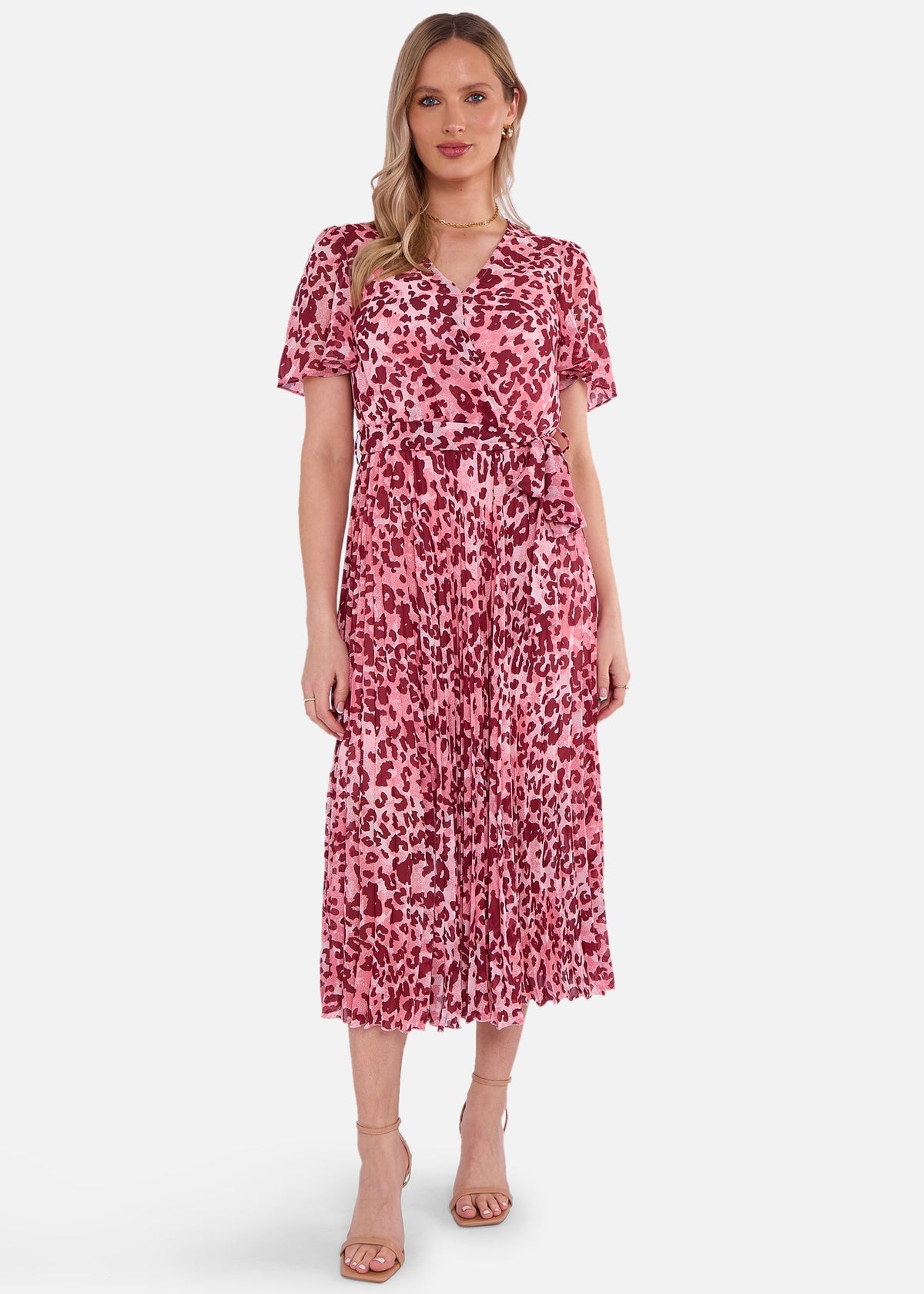 Pink Animal Print Wrap Pleated Midi Dress
