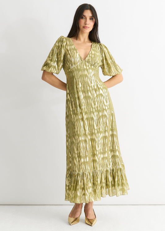 Green Viscose Animal Jacquard Occasion Midi Dress