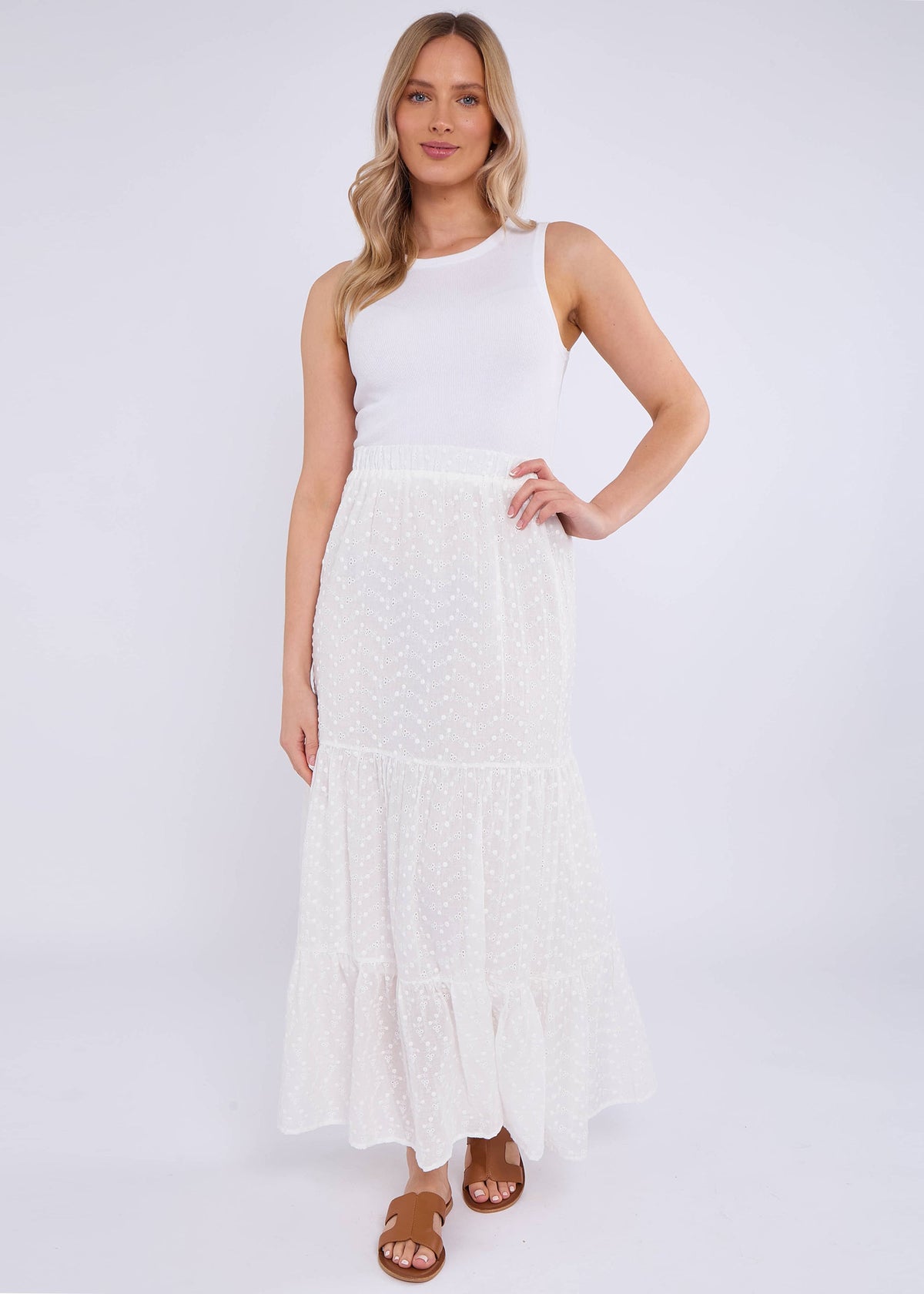 White Cotton Broderie Skater Maxi Skirt - UK 8 / US 4 / EU 36