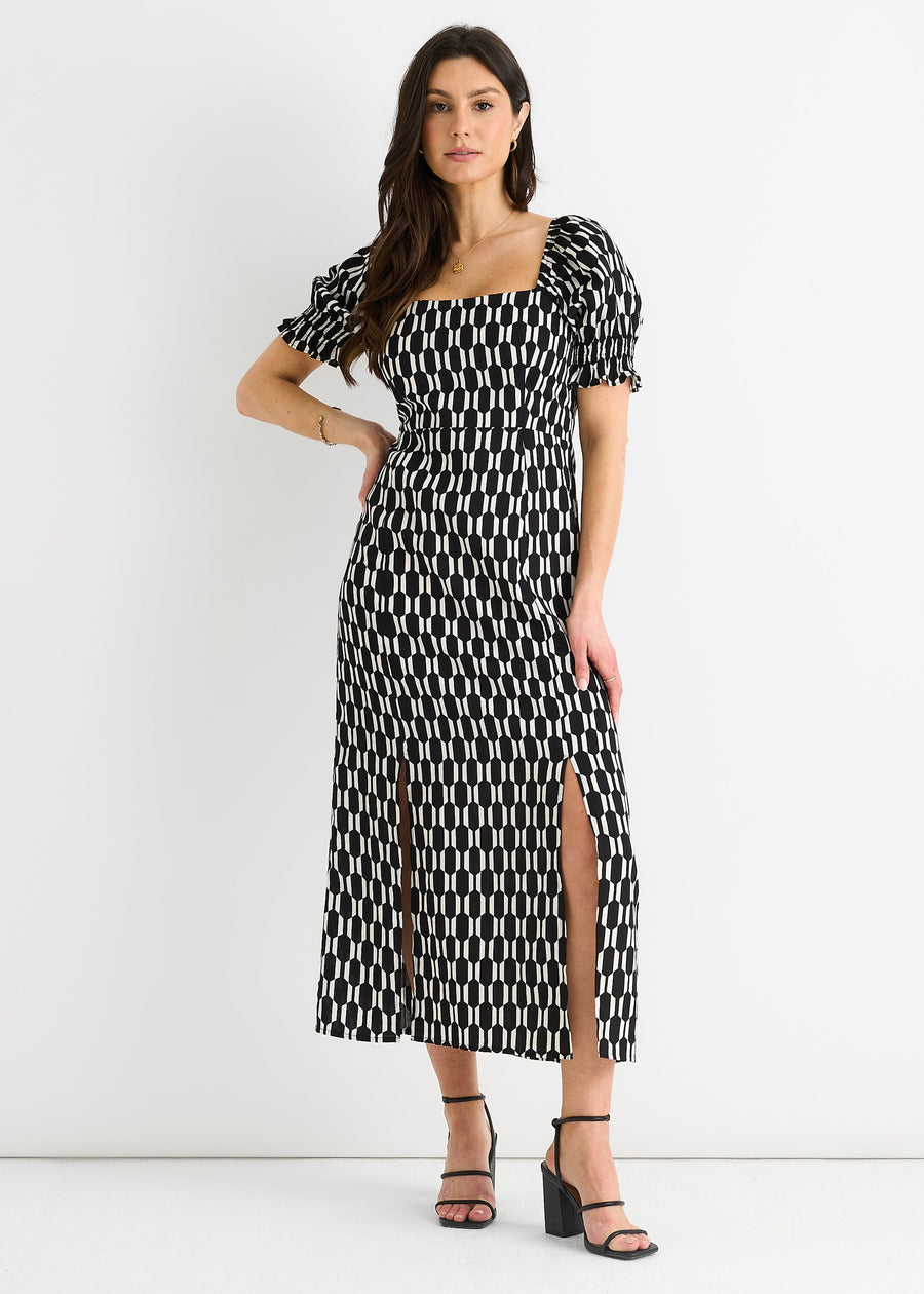 Black Geo Print Square Neck Midi Dress