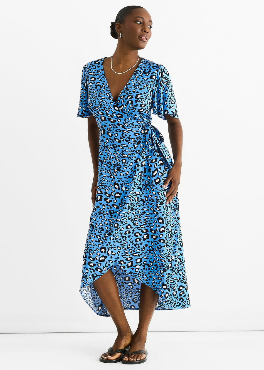 Blue Animal Print Viscose Wrap Midi Dress