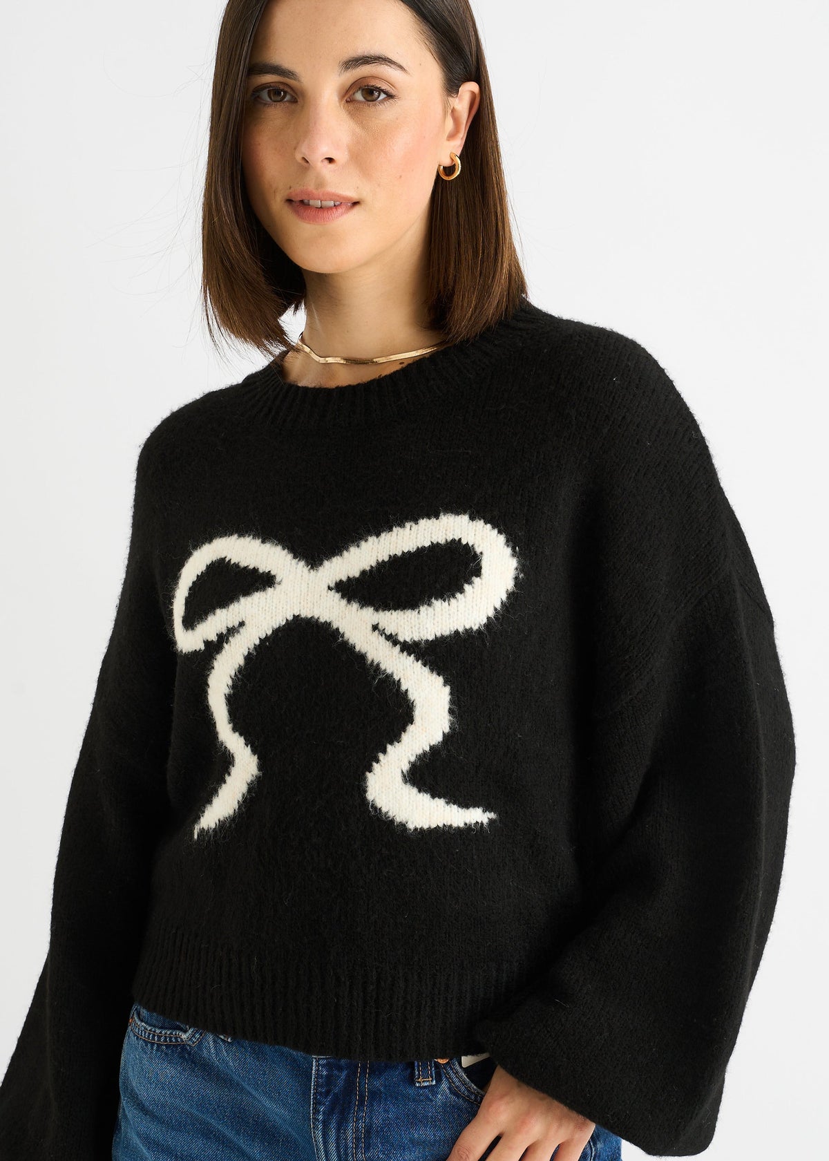 Black Embossed Contrast Bow Short Knit Jumper