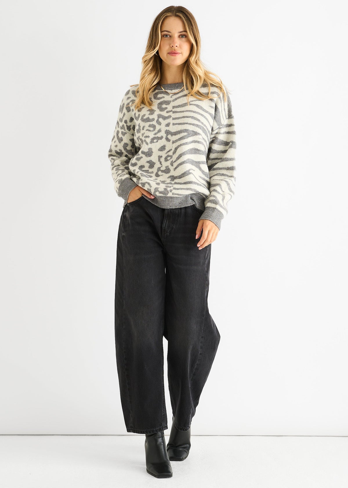 Grey Contrast Zebra Animal Knit Jumper