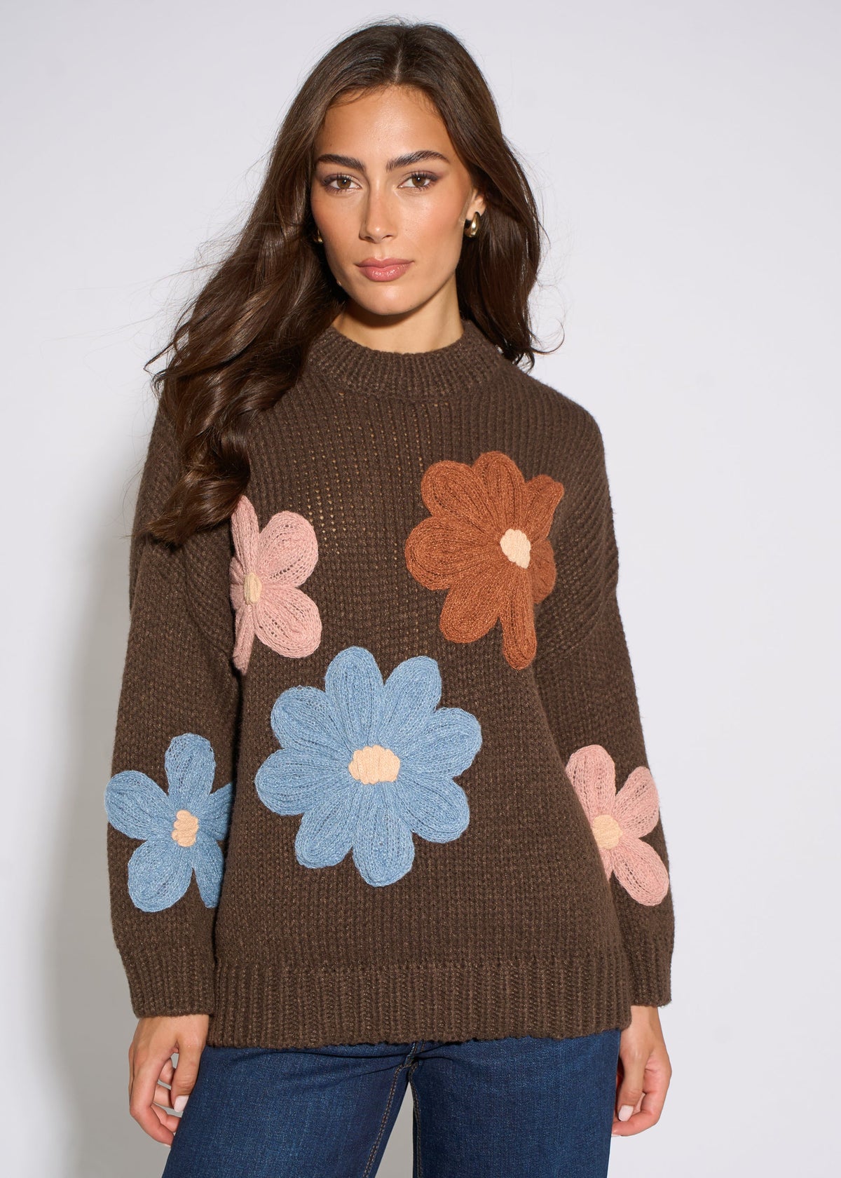 Brown 3D Floral Turtle Neck Knit Jumper