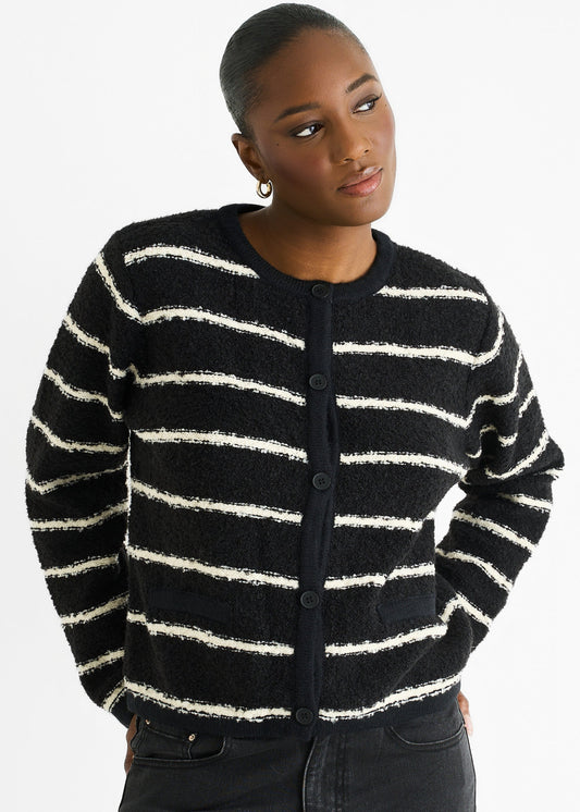 Black Stripe Boucle Recycle Mix Knit Cardigan