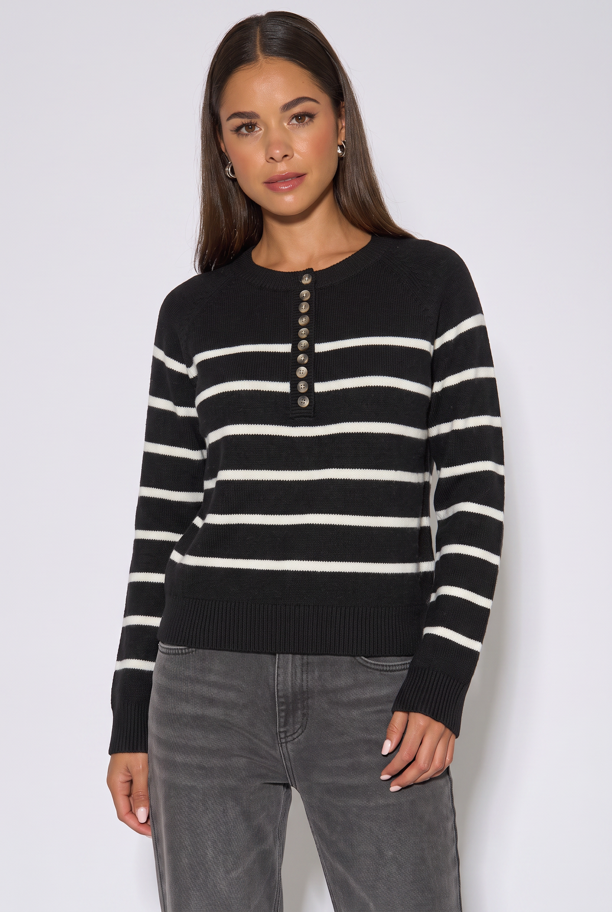 Black Recycle Mix Stripe Button Up Loose Fit Knit Jumper
