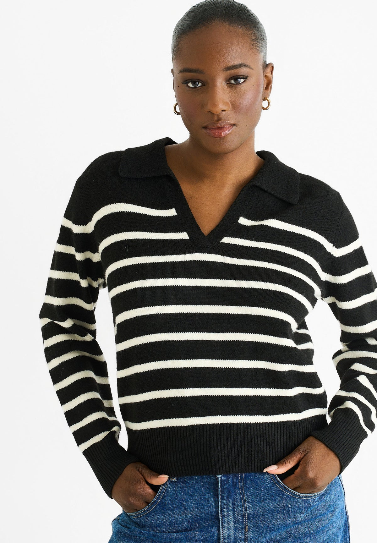 Black Recycle Mix Stripe V Neck Collar Knit Jumper