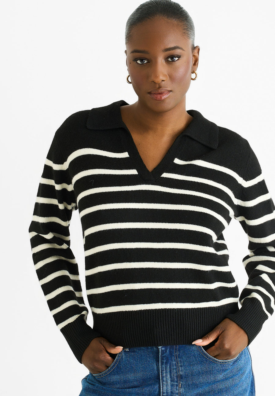 Black Recycle Mix Stripe V Neck Collar Knit Jumper