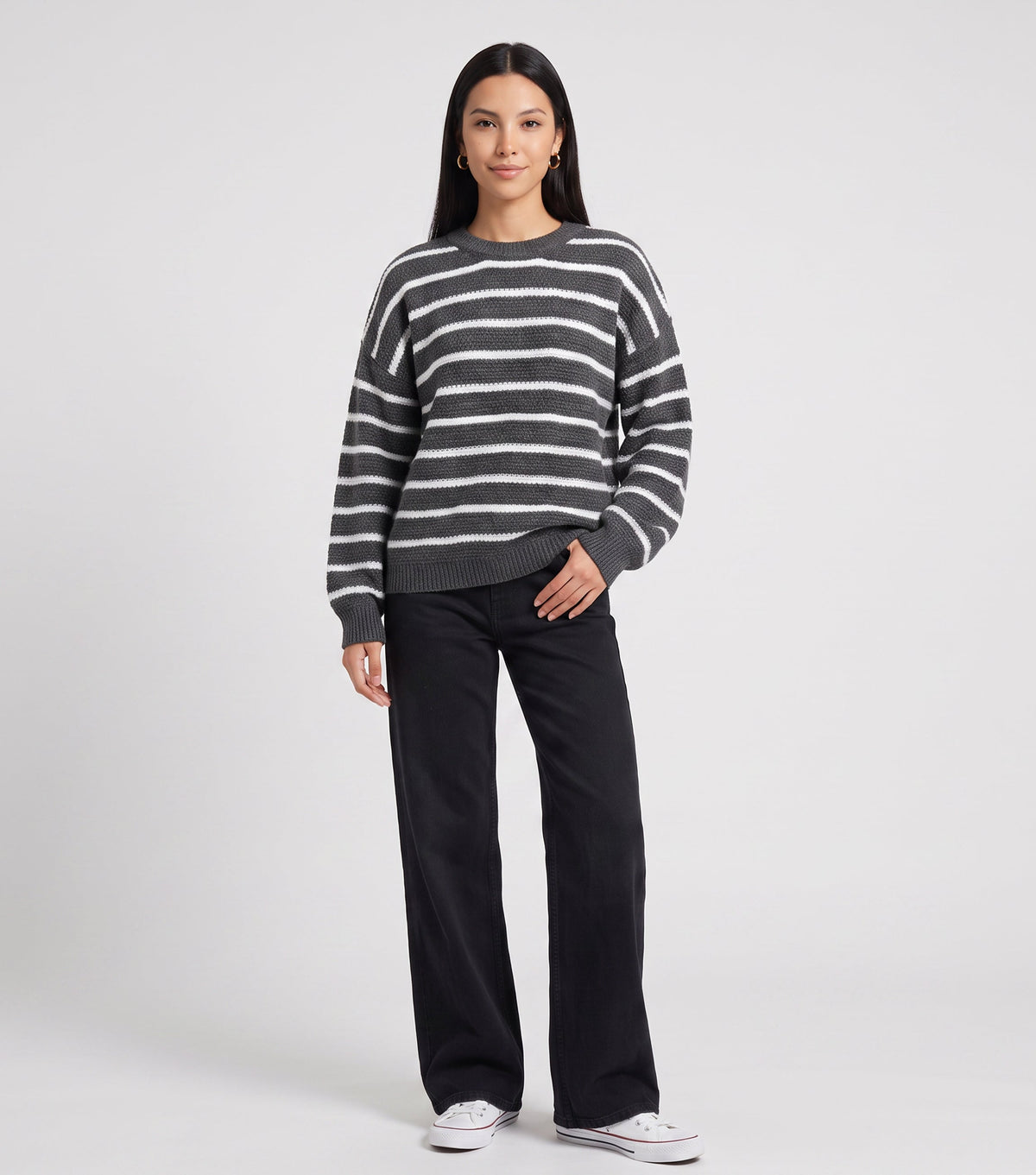 Grey Stripe Chunky Knit Oversized Jumper