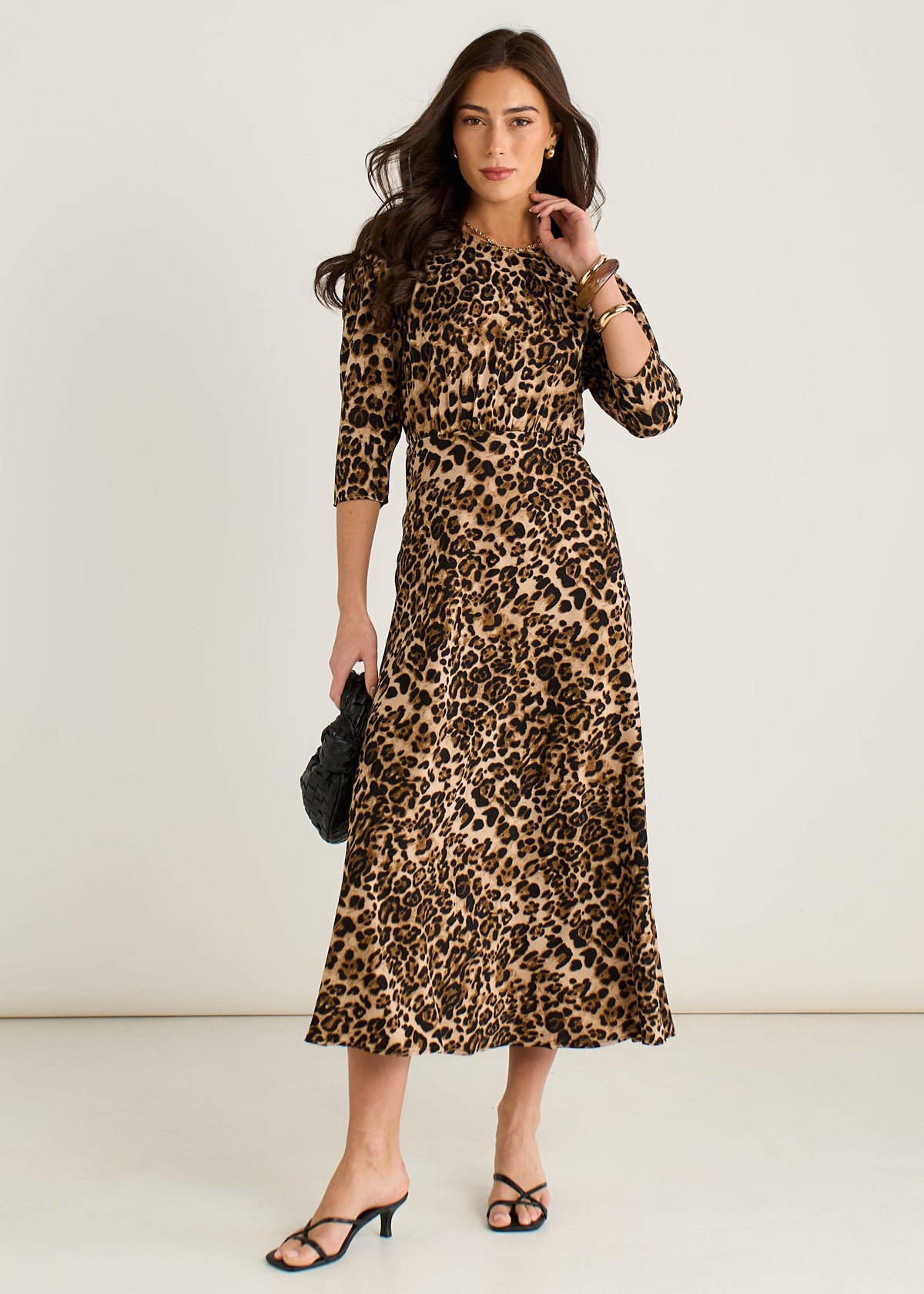 Brown Animal Print Satin Shift Midi Dress