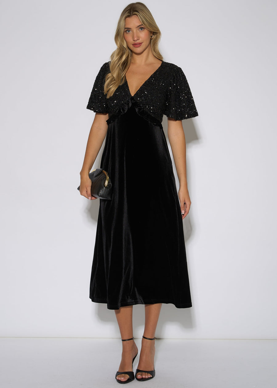 Black Sequin Top Premium Velvet Occasion Midi Dress - UK 8 / US 4 / EU 36