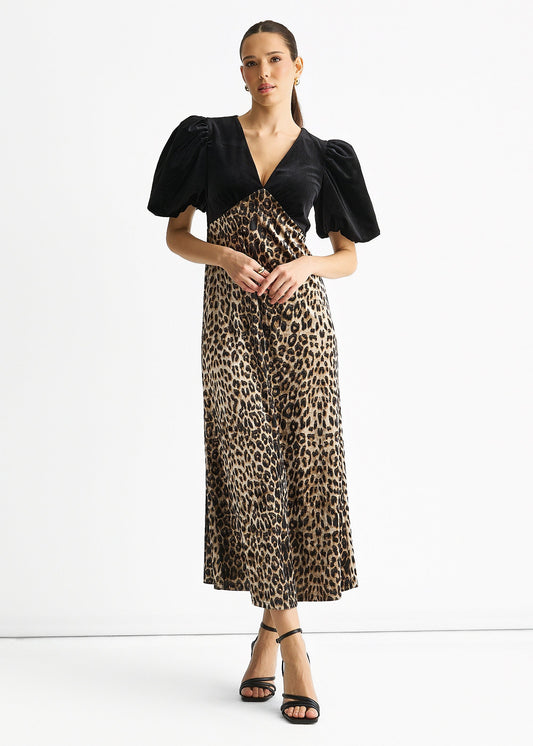 Black Animal Velvet Contrast Top Occasion Midi Dress