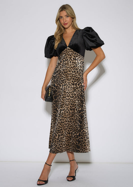 Black Animal Velvet Contrast Top Occasion Midi Dress