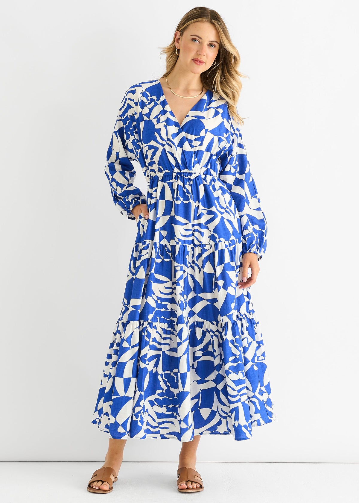 Blue Abstract Wrap Elasticated Waist Midaxi Dress - S-M (UK 8-10/US 4-6/EU 36-38)