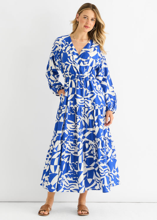 Blue Abstract Wrap Elasticated Waist Midaxi Dress - S-M (UK 8-10/US 4-6/EU 36-38)