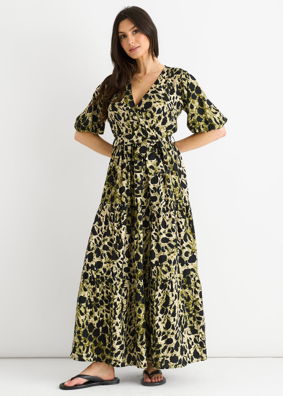 Green Animal Print Wrap Skater Maxi Dress