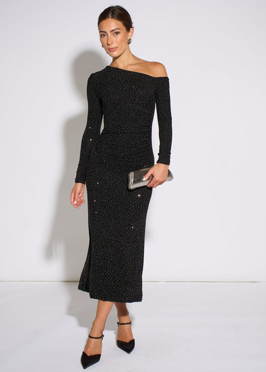 Black Hot Fix Studded Jersey Midi Dress