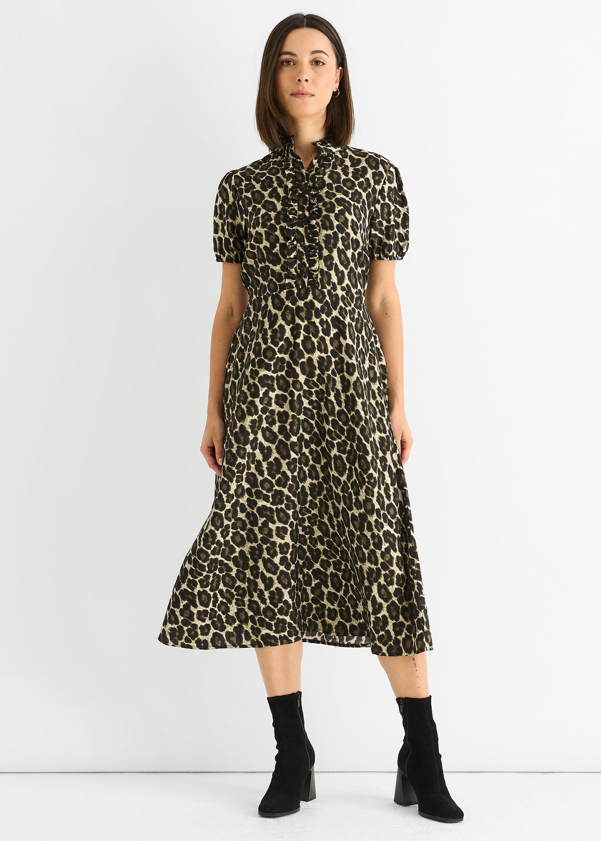 Green Animal Print Ruffle Neck Midi Dress