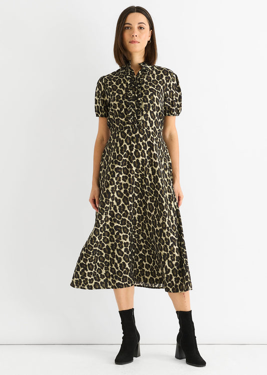 Green Animal Print Ruffle Neck Midi Dress