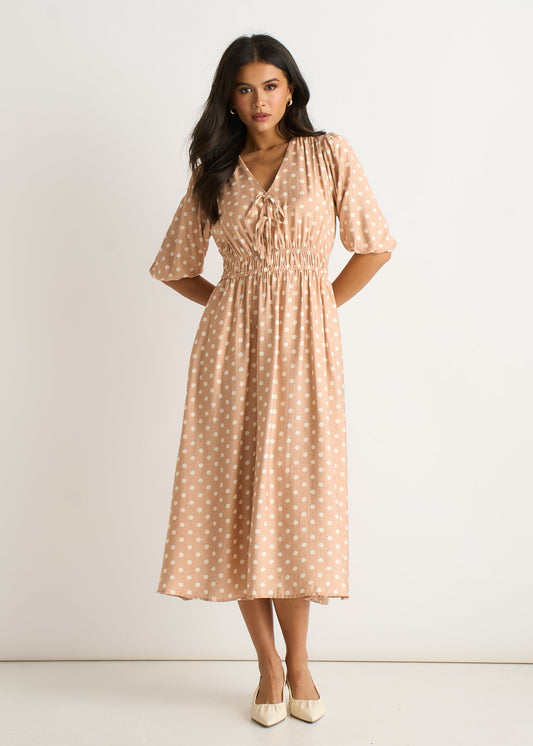 Oatmeal Spot Print Shirred Waist Shift Midi Dress
