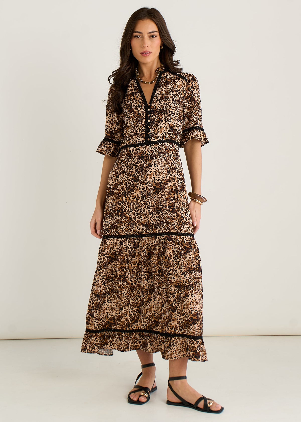 Brown Animal Print Lace Trim Tiered Midi Dress