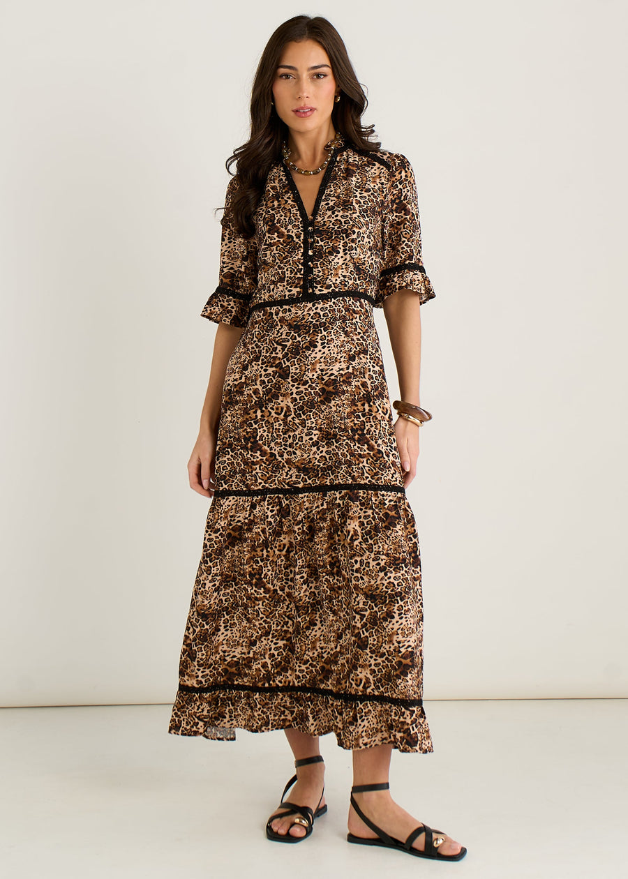 Brown Animal Print Lace Trim Tiered Midi Dress