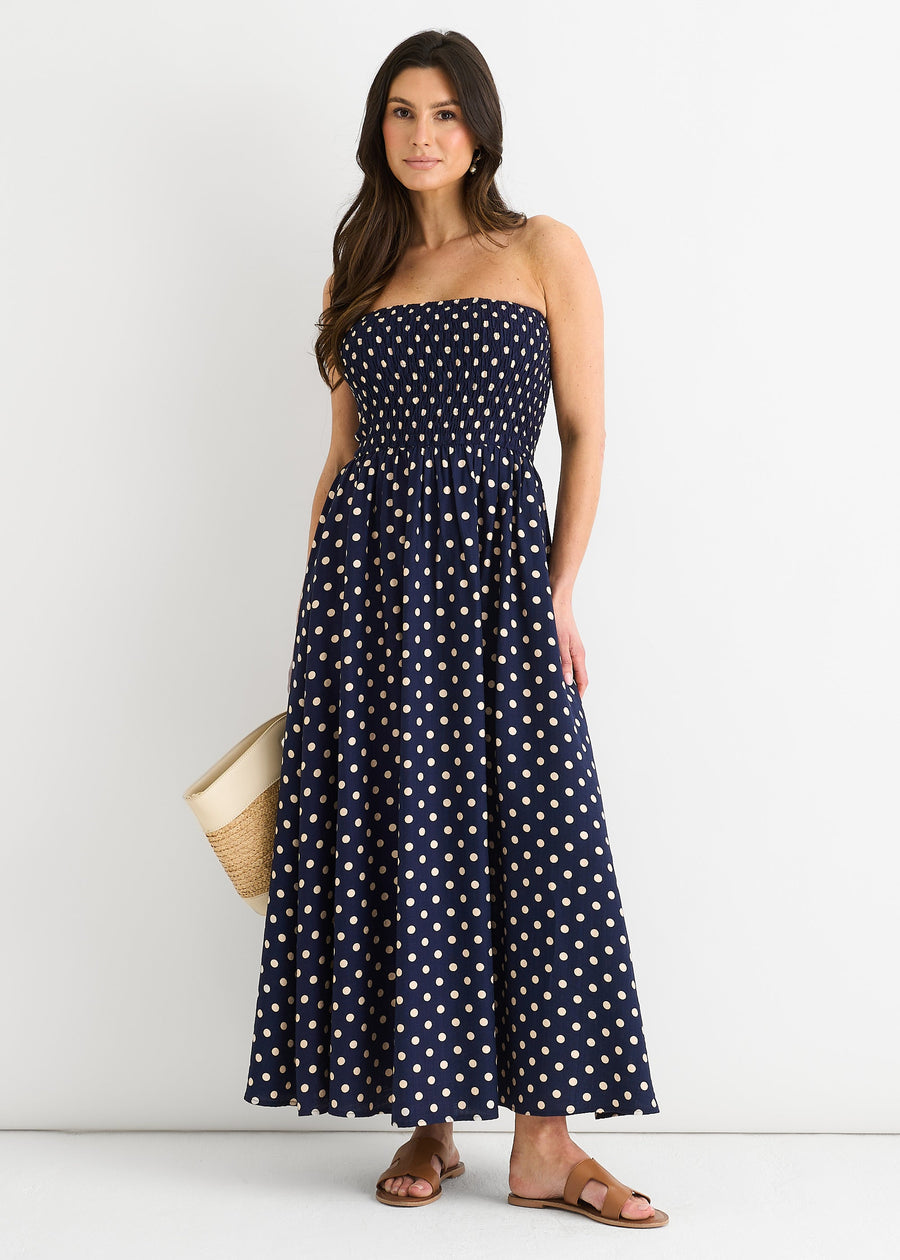 Navy Shirred Top Viscose Spot Midi Dress