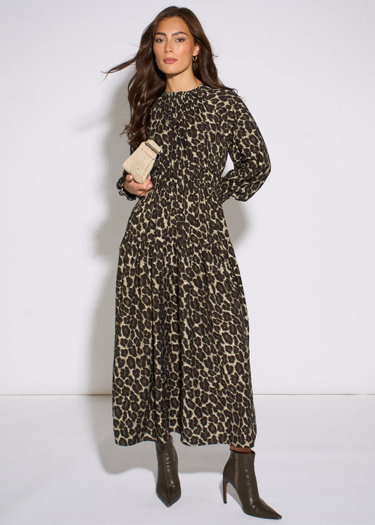 Khaki Animal Print Shirred High Neck Maxi Dress