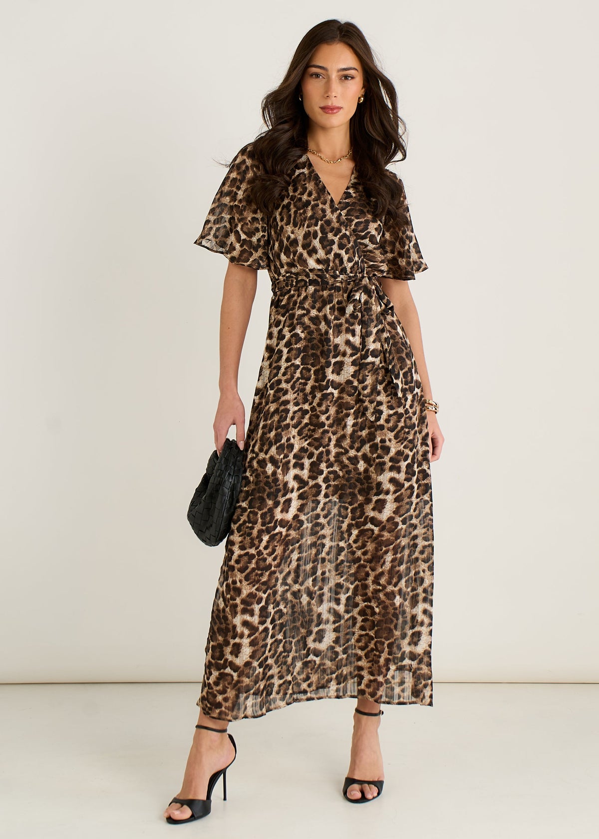Brown Chiffon Animal Sparkle Stripe Wrap Midi Dress