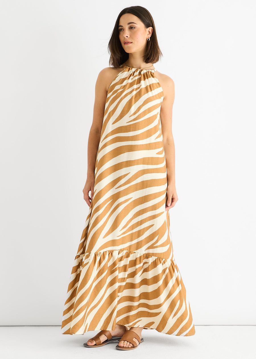 Brown Zebra Print Halter Neck Maxi Dress - UK 8 / US 4 / EU 36
