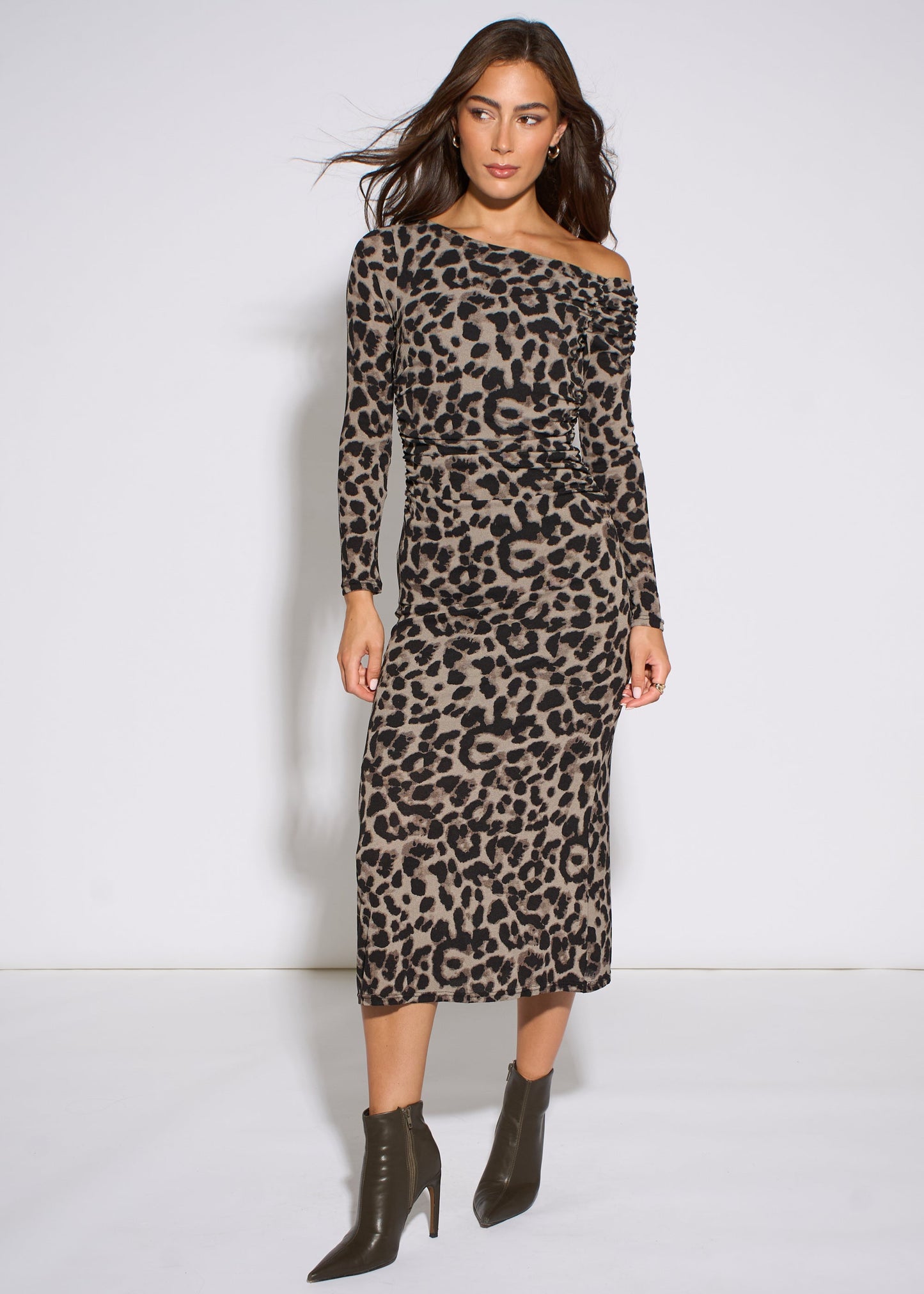 Grey Animal Jersey Animal One Shoulder Midi Dress