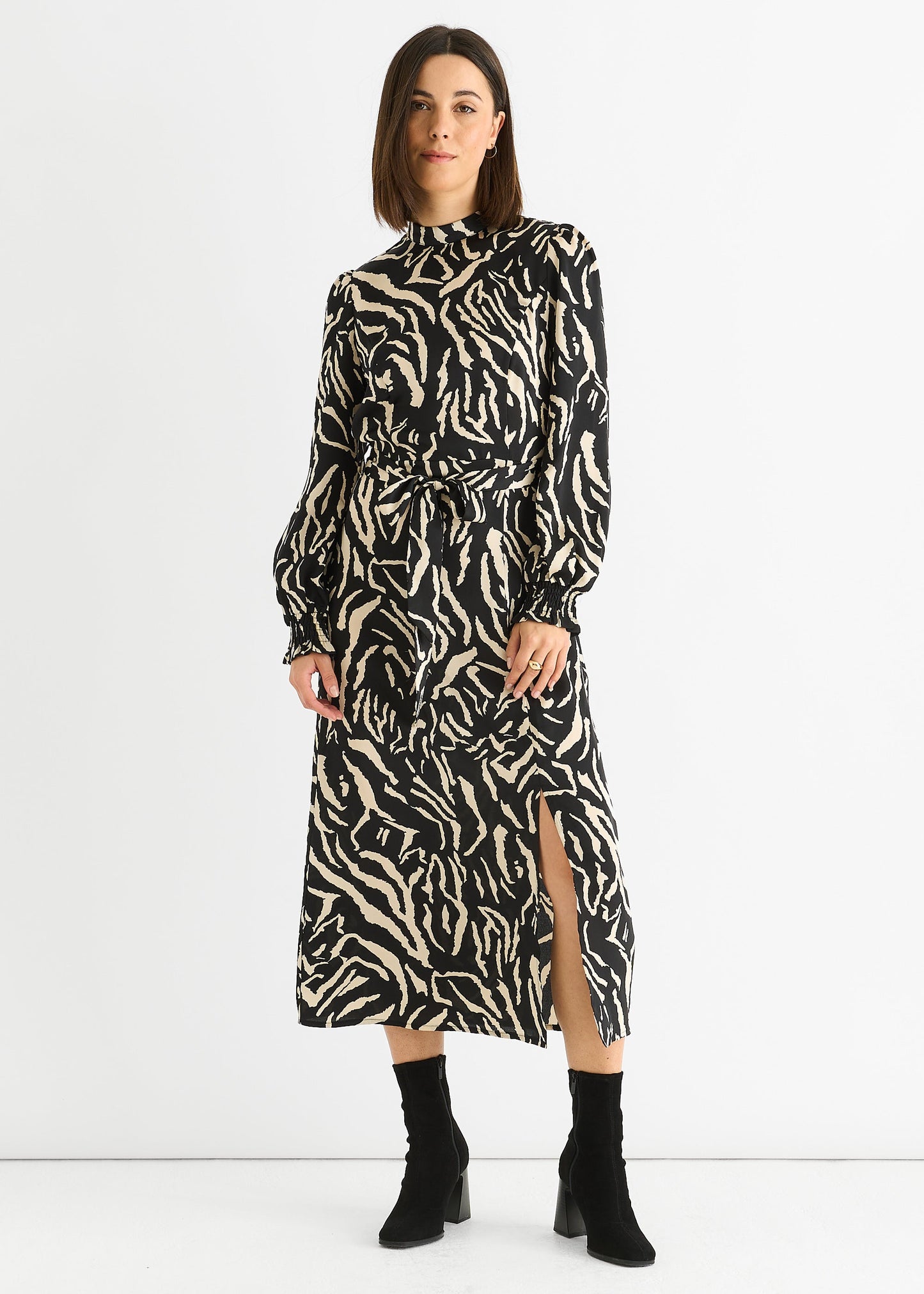 Black Animal High Neck Satin Midi Dress