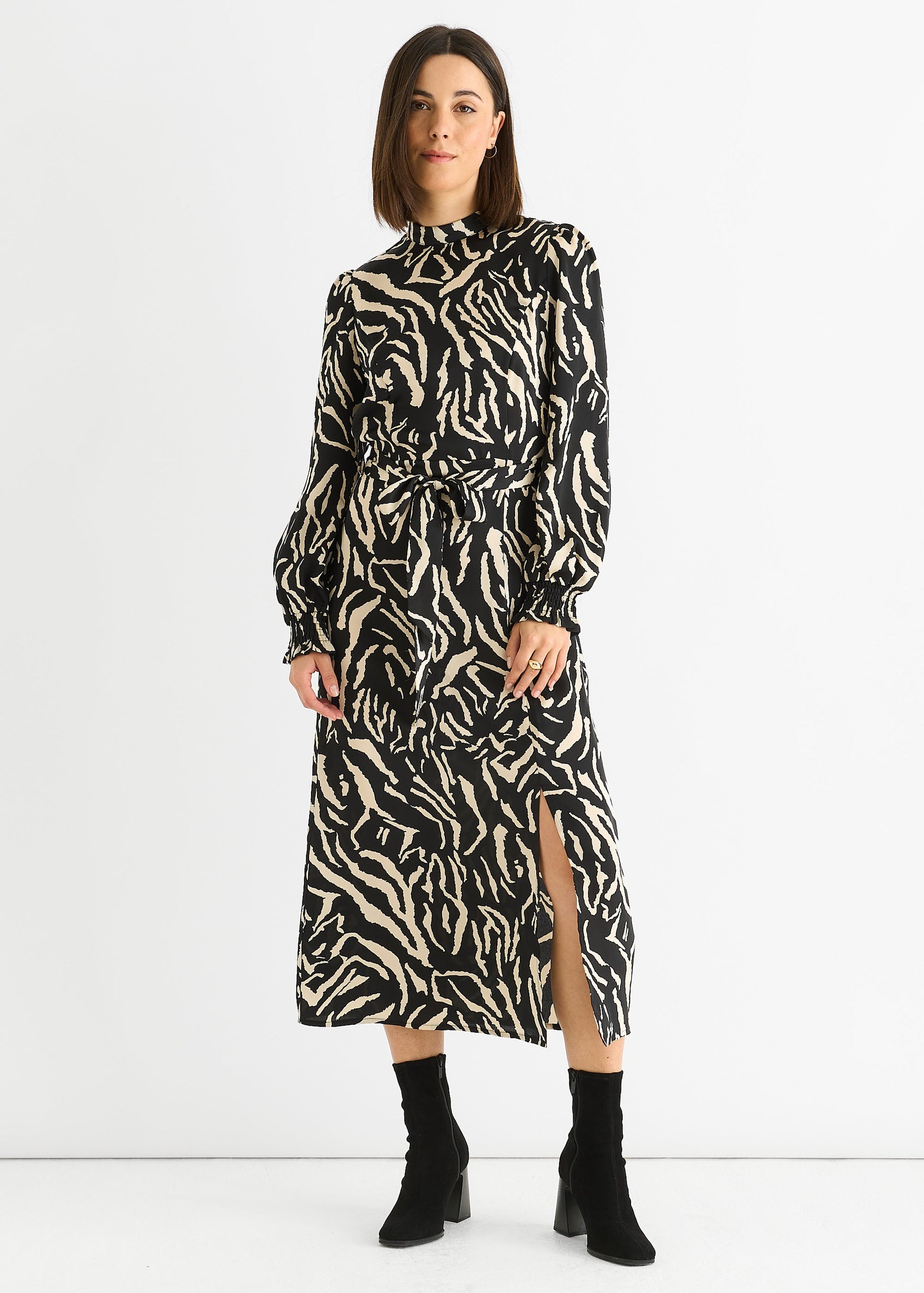 Black Animal High Neck Satin Midi Dress