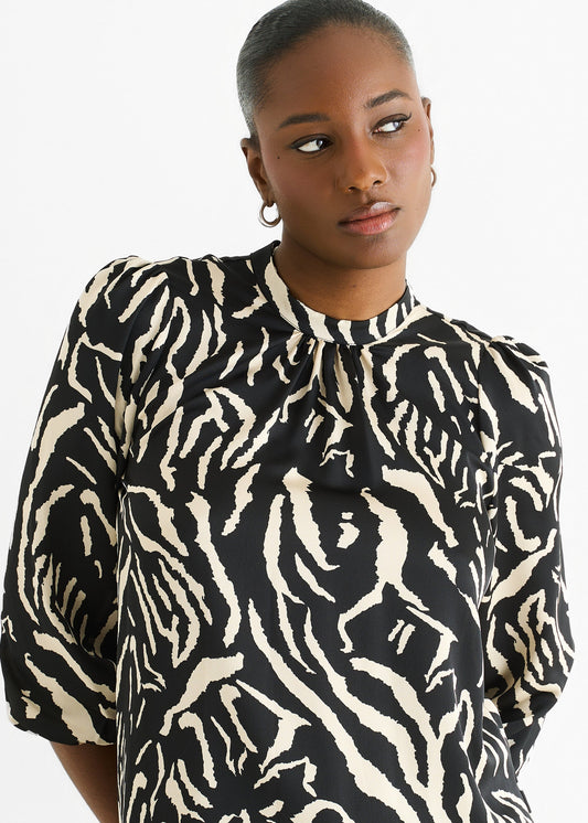 Black Animal High Neck Satin Blouse