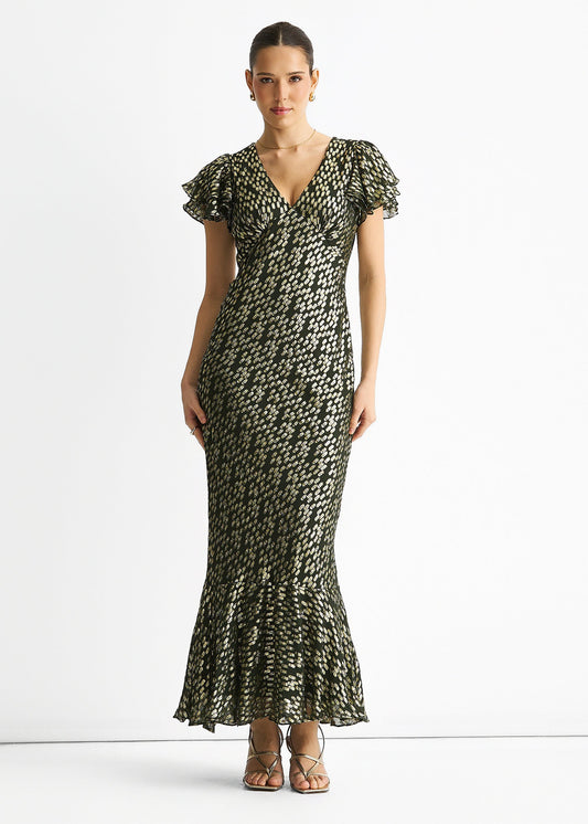 Dark Green Viscose Clipped Gold Jacquard Bias Cut Maxi Dress
