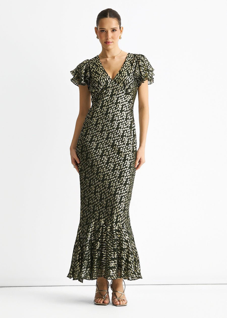 Dark Green Viscose Clipped Gold Jacquard Bias Cut Maxi Dress