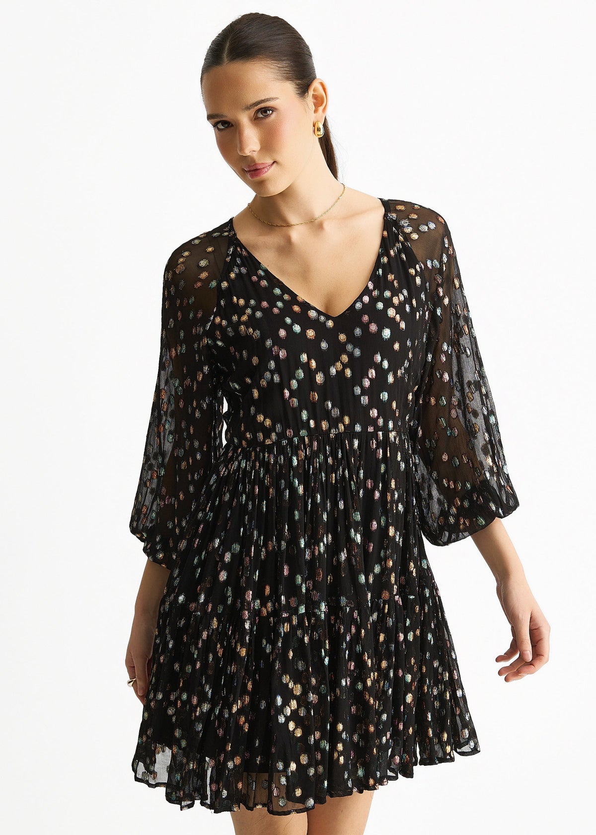 Black Multicolored Polka Dot Tiered Dress